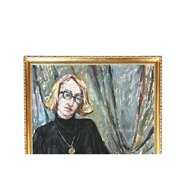 A vintage, mid-century oil on canvas portrait. Features an expressionist oil portrait painting of a seated woman wearing...