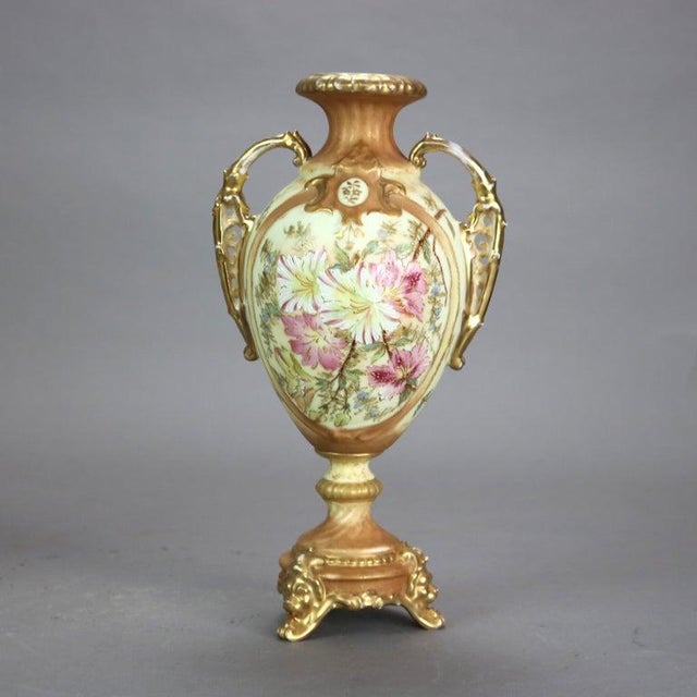 Victorian Pair Antique Rudolstadt Hand Painted and Gilt Porcelain Bolted Urns 1890s For Sale - Image 3 of 8