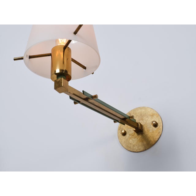 Metal Italian Brass, Green Metal and Opaline Glass Wall Sconces, 1950s, Set of 2 For Sale - Image 7 of 14