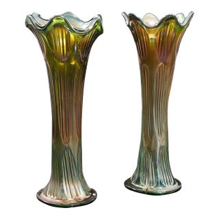 Circa 1930 Vintage English Carnival Glass Decorative Flower Vases - A Pair For Sale