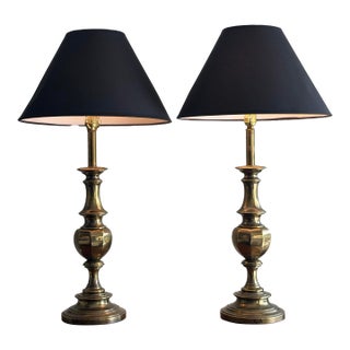 Vintage Stiffel Brass Neoclassical Baluster Table Lamps With Black Empire Shades - a Pair For Sale