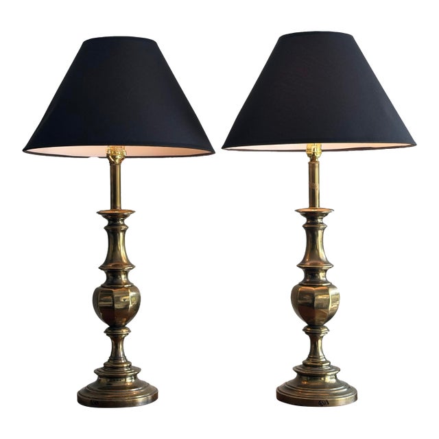Vintage Stiffel Brass Neoclassical Baluster Table Lamps With Black Empire Shades - a Pair For Sale
