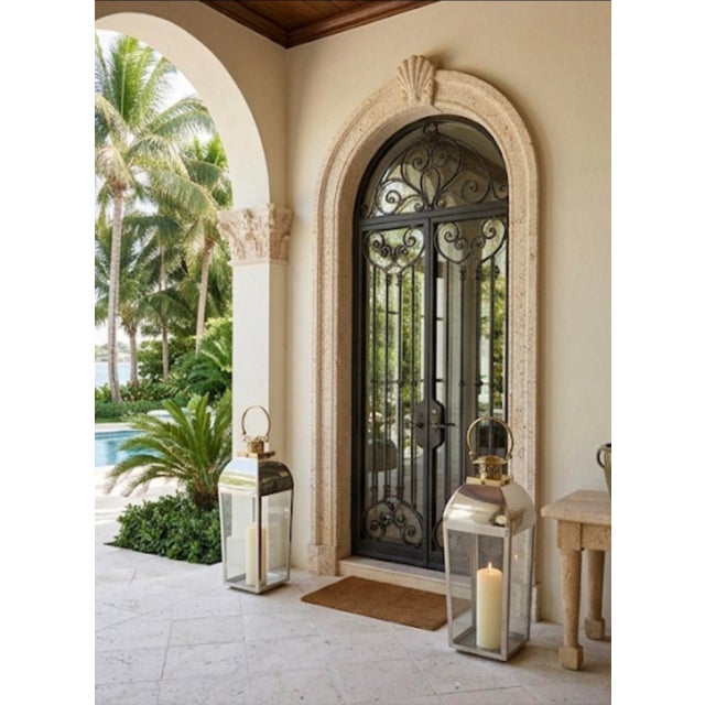 Pair of Vintage Hollywood Regency Style Polished Nickel & Brass Large Floor Lanterns For Sale - Image 10 of 12
