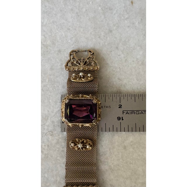 Gold-Tone Woven Mesh Bracelet With Rectangular Glass Setting Deep Purple For Sale In New York - Image 6 of 7