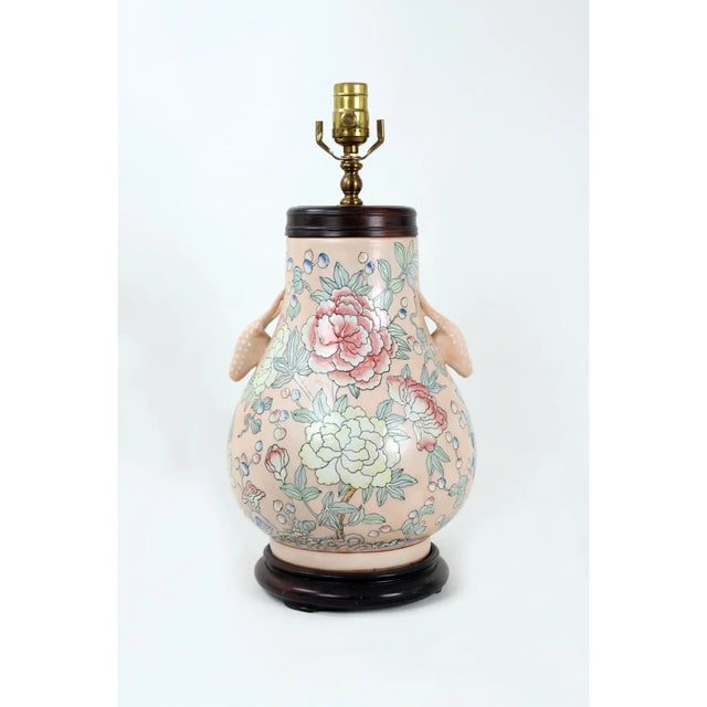 Famille Rose Vase Lamp With Animal Head Handles and Flowers For Sale - Image 9 of 9