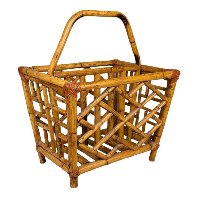 Vintage Coastal Rattan Chinoiserie Rattan Record Holder Magazine Rack For Sale
