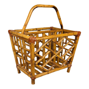 Vintage Coastal Rattan Chinoiserie Rattan Record Holder Magazine Rack