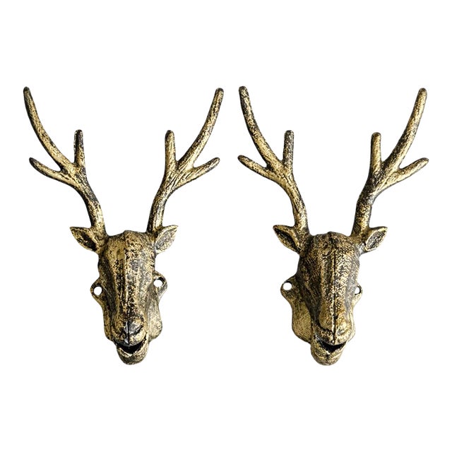 Late 20th Century Stag Head Wall Hooks, Cast Metal, Bronze Patina, Pair For Sale
