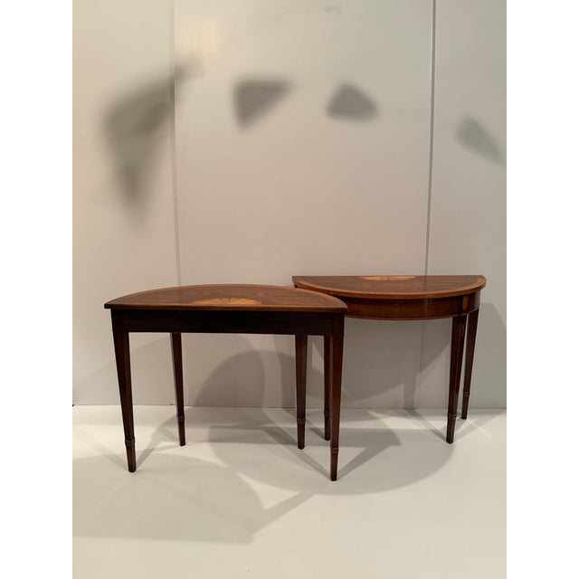 Mahogany & Satinwood Inlaid Demilune Console Tables -a Pair For Sale - Image 4 of 12