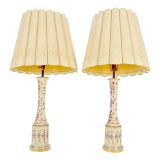 Pair of 39" Tall Ceramic Hand Painted Round Tower Shape Table Lamps w/ Shades For Sale