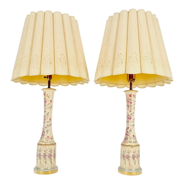 Pair of 39" Tall Ceramic Hand Painted Round Tower Shape Table Lamps w/ Shades For Sale