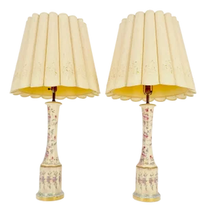 Pair of 39" Tall Ceramic Hand Painted Round Tower Shape Table Lamps w/ Shades