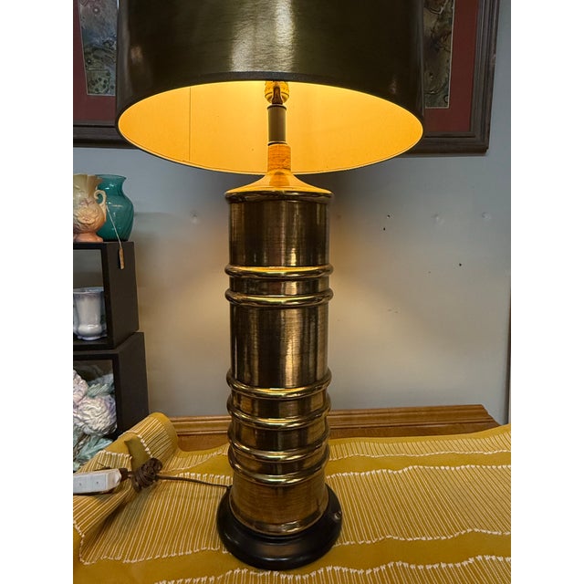 Brass Mid 20th Century Mid-Century Modern Brutalist Style Gold-Tone Table Lamp With Drum Shade For Sale - Image 8 of 8