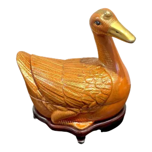 Late 20th Century Chinese Export Porcelain Figural Iron Red and Gilt Duck Tureen & Stand