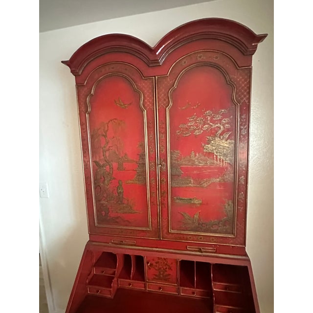 Vintage Red Chinoiserie Secretary Desk With Hand-Painted Gilt Asian Landscapes & Double Bonnet Top For Sale In Phoenix - Image 6 of 15