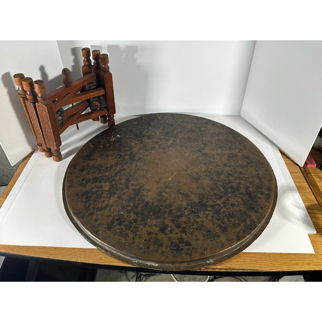 Moroccan Copper Tray Table: Hand-Etched Floral Design, Folding Wood Base For Sale - Image 6 of 10