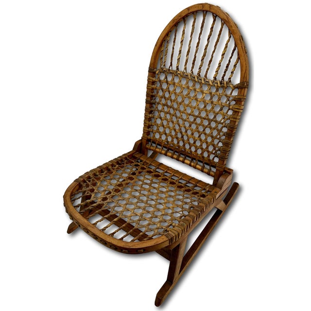 Cabin Vintage Tubbs Vermont Made "Snow Shoe" Style Stream Bent Ash Wood & Hand Woven Hide Canoe & Camping Folding Chair For Sale - Image 3 of 18