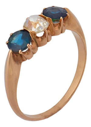 Early 20th Century Victorian Diamond Sapphire 14k Rose Gold Three Stone Ring, Size 7.25