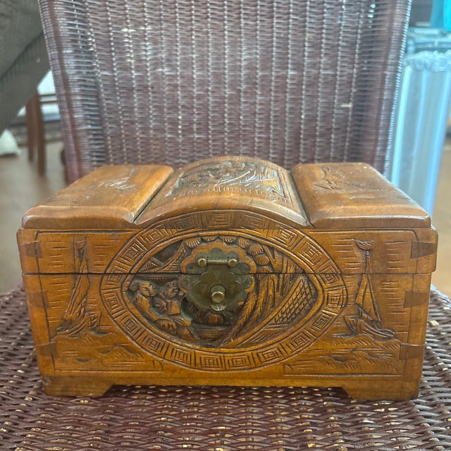 This vintage wood jewelry box is a mid-century Chinese export piece, likely manufactured in Hong Kong during the early...