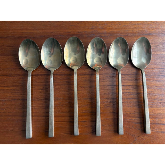 Metal Mid 20th Century Scanline Sigvard Bernadotte Bronze Marked Flatware Service for Six - 30 Pieces For Sale - Image 7 of 11