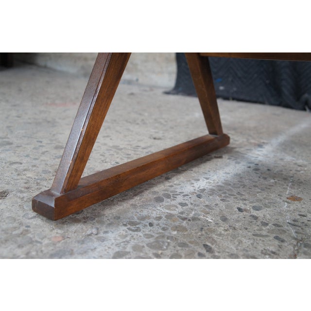 Wood 1970s Drexel Heritage Mid Century Modern Distressed Walnut Campaign Style Arm Chair For Sale - Image 7 of 13