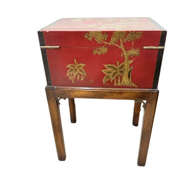 Late 20th Century Vintage Chinoiserie Red Lacquer Box on Stand For Sale - Image 5 of 6