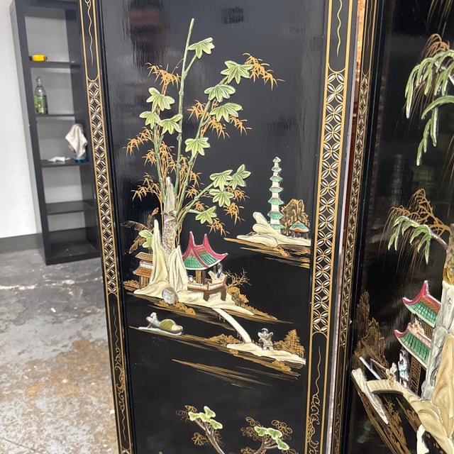 Chinoiserie Black Lacquer Four-Panel Folding Screen, Vintage For Sale - Image 11 of 12