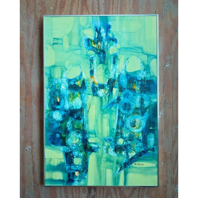 A stunning example of mid-century abstract expressionism, this signed oil on canvas is a masterclass in color and form....