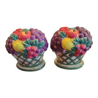 Vintage Miniature Ceramic Trellis Basket Fruit Topiary Room Decor- A Pair For Sale