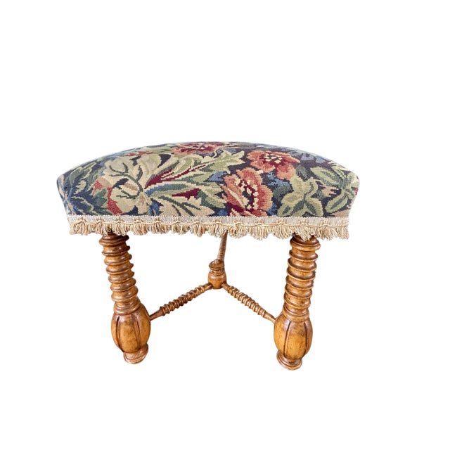 Vintage Jacobean Tapestry Hall Bench With Turned Wood Legs, Scalloped Fringe & Upholstered Floral Seat For Sale - Image 6 of 12