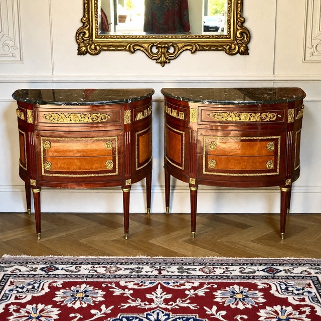Wood 1960s Pair of French Louis XVI Style Demilune Marble Top Commodes | Nightstands | Bedside Tables For Sale - Image 7 of 11