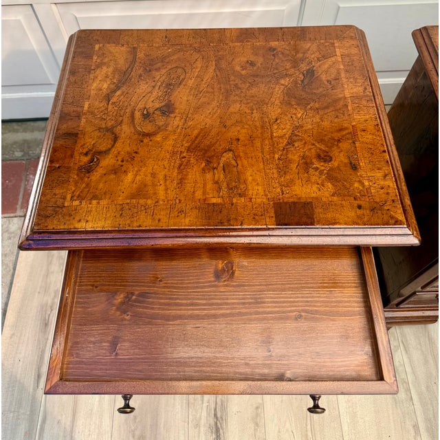 Pair of Mid-Century Georgian Revival Burr Walnut Bachelor's Chests Nightstands For Sale - Image 16 of 18