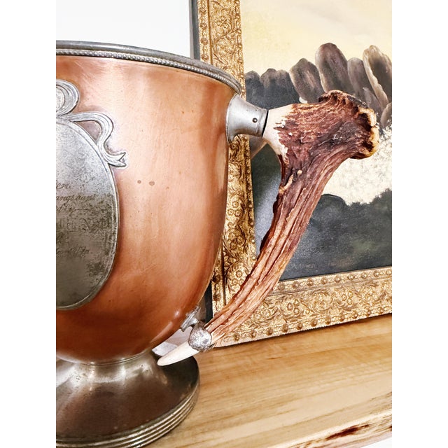 Traditional Antique Copper Poultry Trophy With Deer Antler Handles For Sale - Image 3 of 10