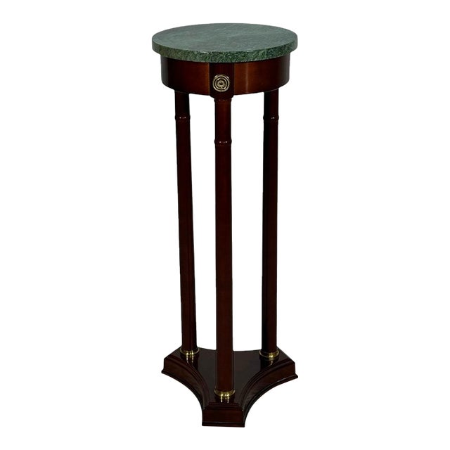 Vintage the Bombay Company Traditional Gold Brass Accent Green Marble Top Mahogany Plant Stand Pedestal For Sale
