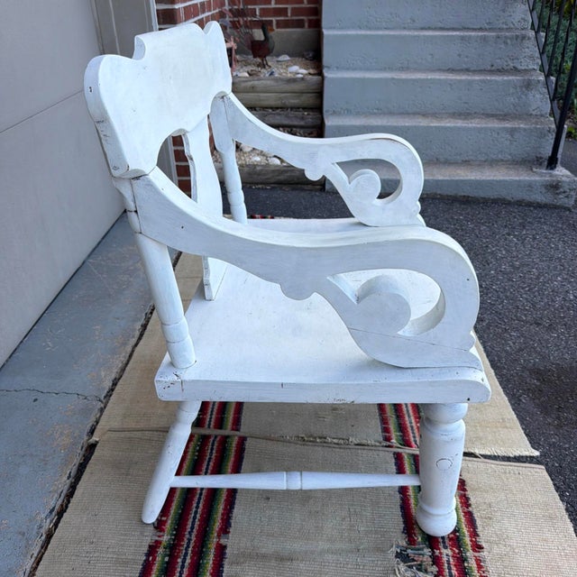 Antique White Painted Plank Seat Arm Chair, Pennsylvania, Circa 1860-1880 For Sale - Image 9 of 16