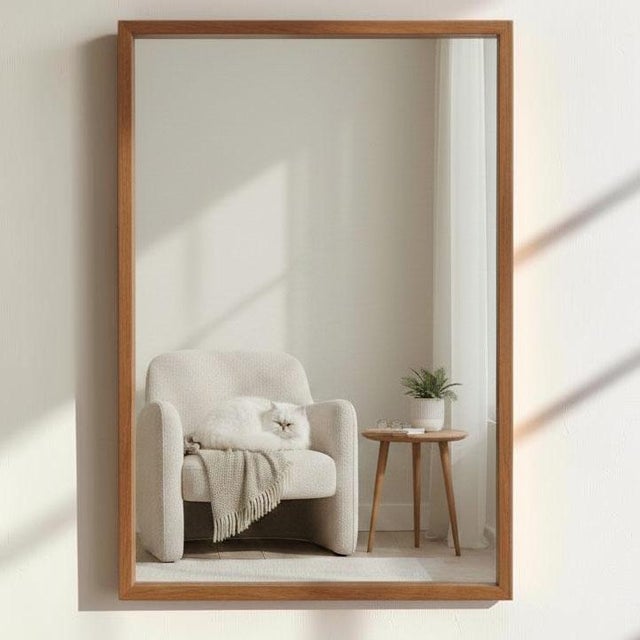 This mid-century modern wall mirror features a clean, rectangular profile framed in wood frame with a warm, medium-tone...
