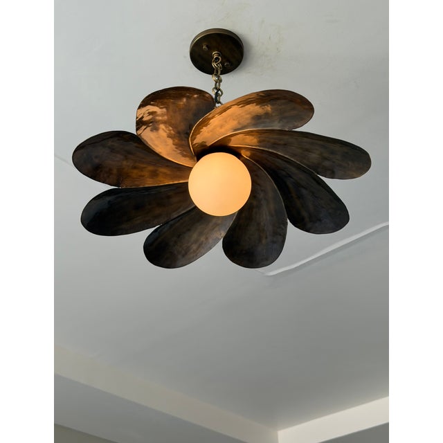 Handmade Black Antique Brass Finish Pendant Light, Floral Metal Ceiling Light, Milk Glass Globe, Vintage Home Decor For Sale - Image 11 of 13