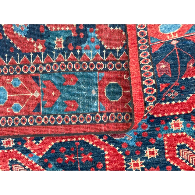 Textile Late 20th Century Hand-Knotted Paisley Tribal Rug – Bold Red & Navy Pattern – 317x250 Cm For Sale - Image 7 of 18
