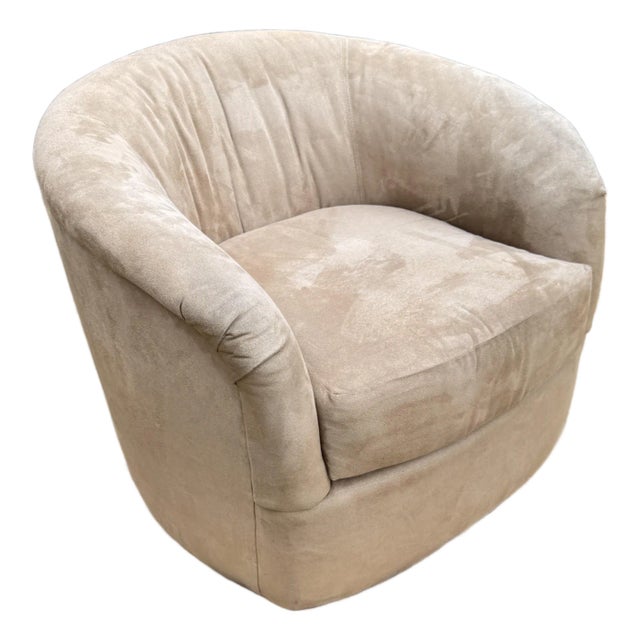 1990s Milo Baughman Style Suede Upholstered Barrel Back Swivel Chair For Sale