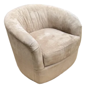 1990s Milo Baughman Style Suede Upholstered Barrel Back Swivel Chair