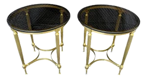 Maison Jansen Attributed Pair of Neoclassical Side Tables in Brass With Glass Top