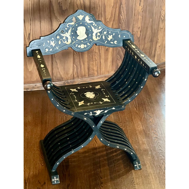 19th-Century Antique Italian Renaissance Revival Inlaid Bone Savonarola Chair For Sale In Los Angeles - Image 6 of 18
