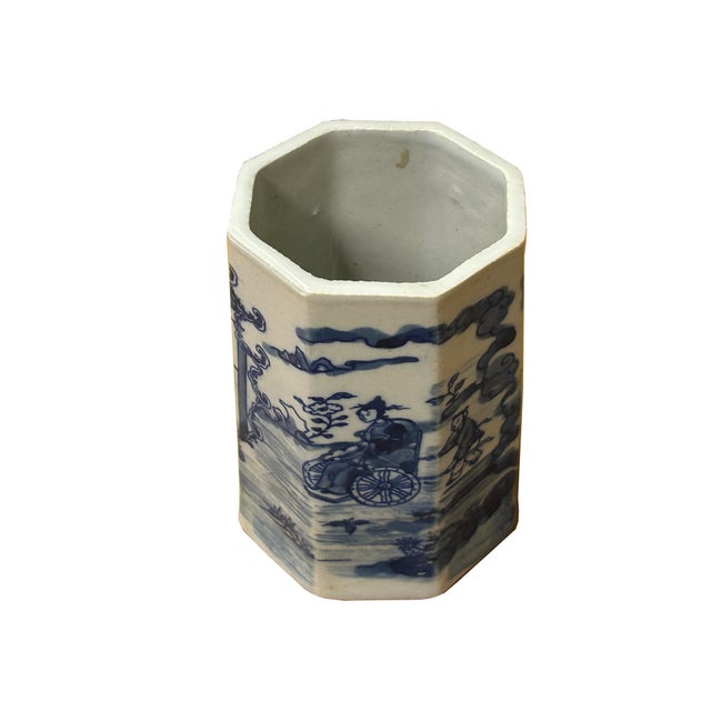 4" Small Octagonal Blue White Scenery Graphic Porcelain Art Vase For Sale - Image 14 of 16