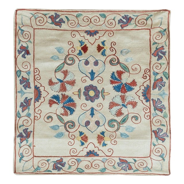 19"x21" Uzbek Suzani Fabric Throw Pillow, All Silk Hand Embroidery Cushion Cover For Sale