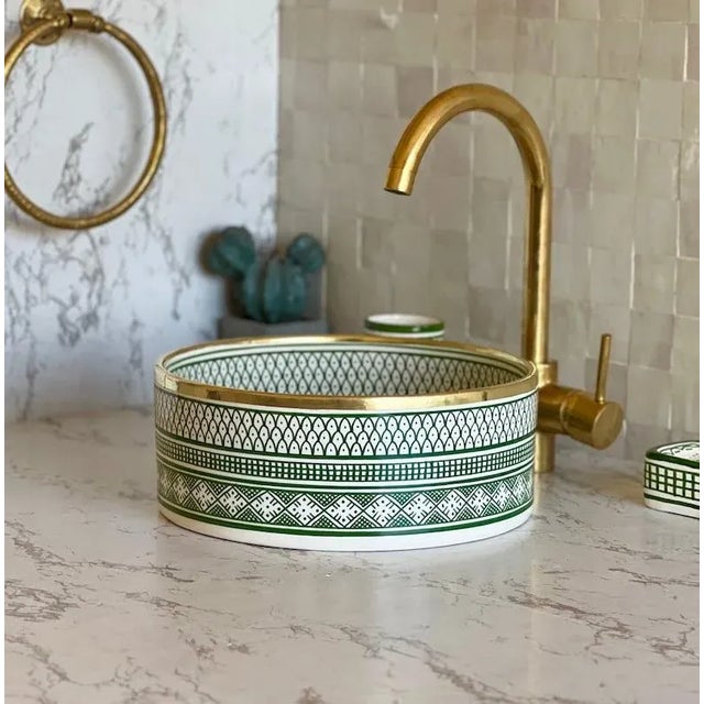 Moroccan Ceramic Countertop Handmade Sink for Bathroom With Brass Rim For Sale - Image 3 of 8