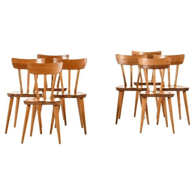 Brown Vintage Dining Chairs in Pine by Göran Malmvall, 1940s, Set of 8 For Sale - Image 8 of 8