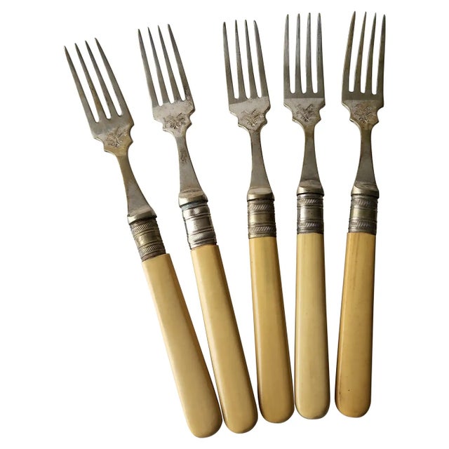 Antique English Sheffield EPNS A1 Silverplate Five Forks Floral Design Silver plate with faux bone handle. Difficult to...