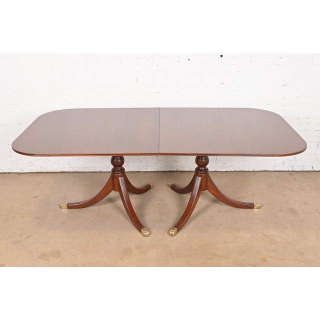 Wood Baker Furniture Style Georgian Mahogany Monumental Triple Pedestal Extension Dining Table, Newly Refinished For Sale - Image 7 of 12