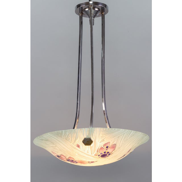 Gray Art Deco French Floral Glass and Chrome Pendant Light from Loys Lucha, 1930s For Sale - Image 8 of 18