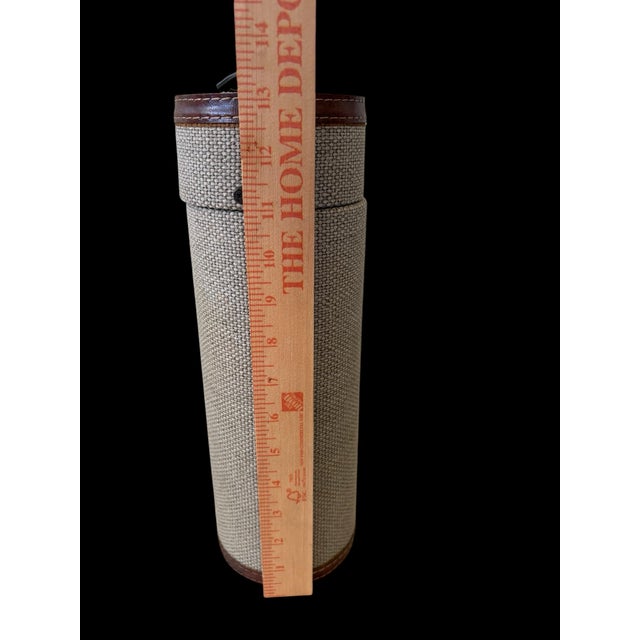 Late 20th Century Rustic Wine Bottle Case With Woven Fabric & Brown Stitched Trim, Cylindrical Wine Gift Box, Metal Ring Handle For Sale - Image 9 of 11